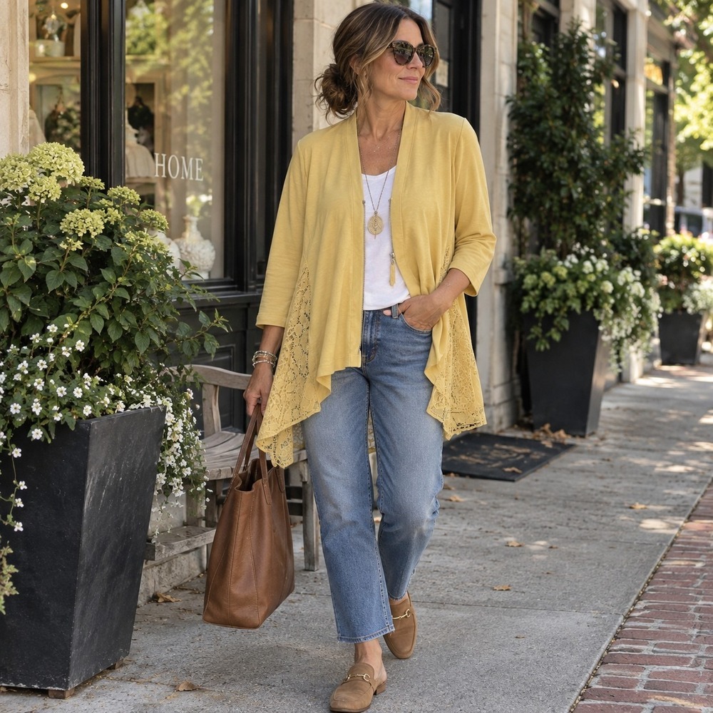 LOGO Lounge by Lori Goldstein Cardigan 1X Yellow Zip Front Lace Back Lagenlook
